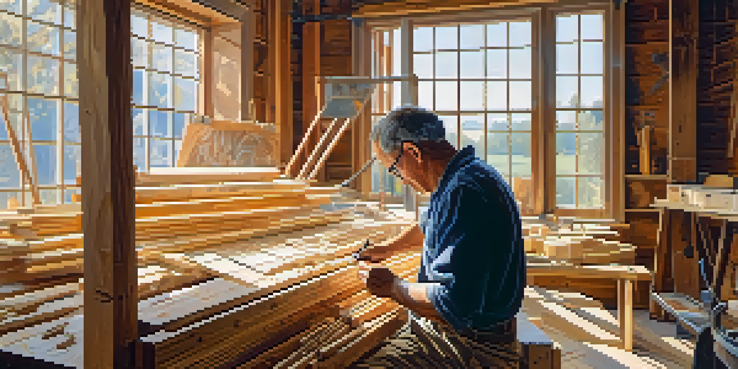 A sculptor diligently carving a large piece from reclaimed wood in a bright workshop, with sunlight highlighting the textures and tools scattered around.