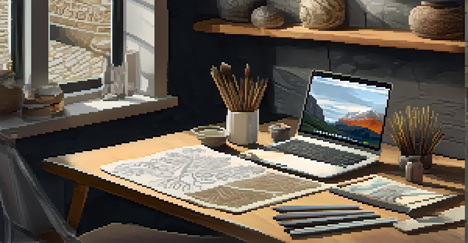 A graphic design workspace showcasing sketches and digital designs inspired by stone carving, with natural light illuminating the desk.