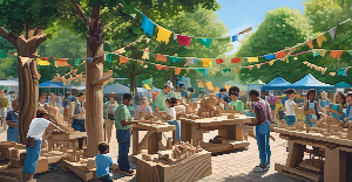 A diverse group of people participating in a wood carving workshop in a sunny park, surrounded by trees and colorful decorations.