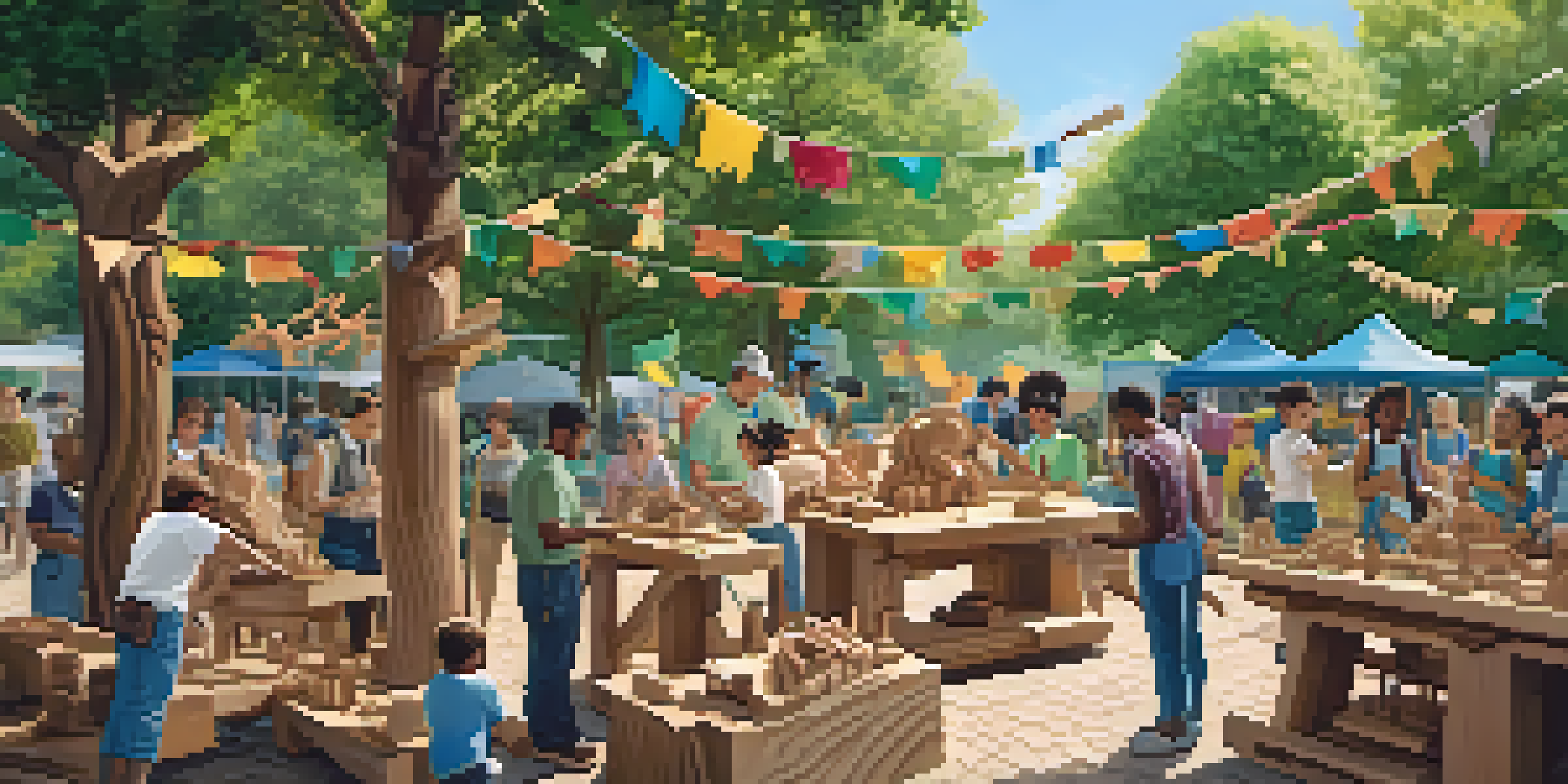 A diverse group of people participating in a wood carving workshop in a sunny park, surrounded by trees and colorful decorations.