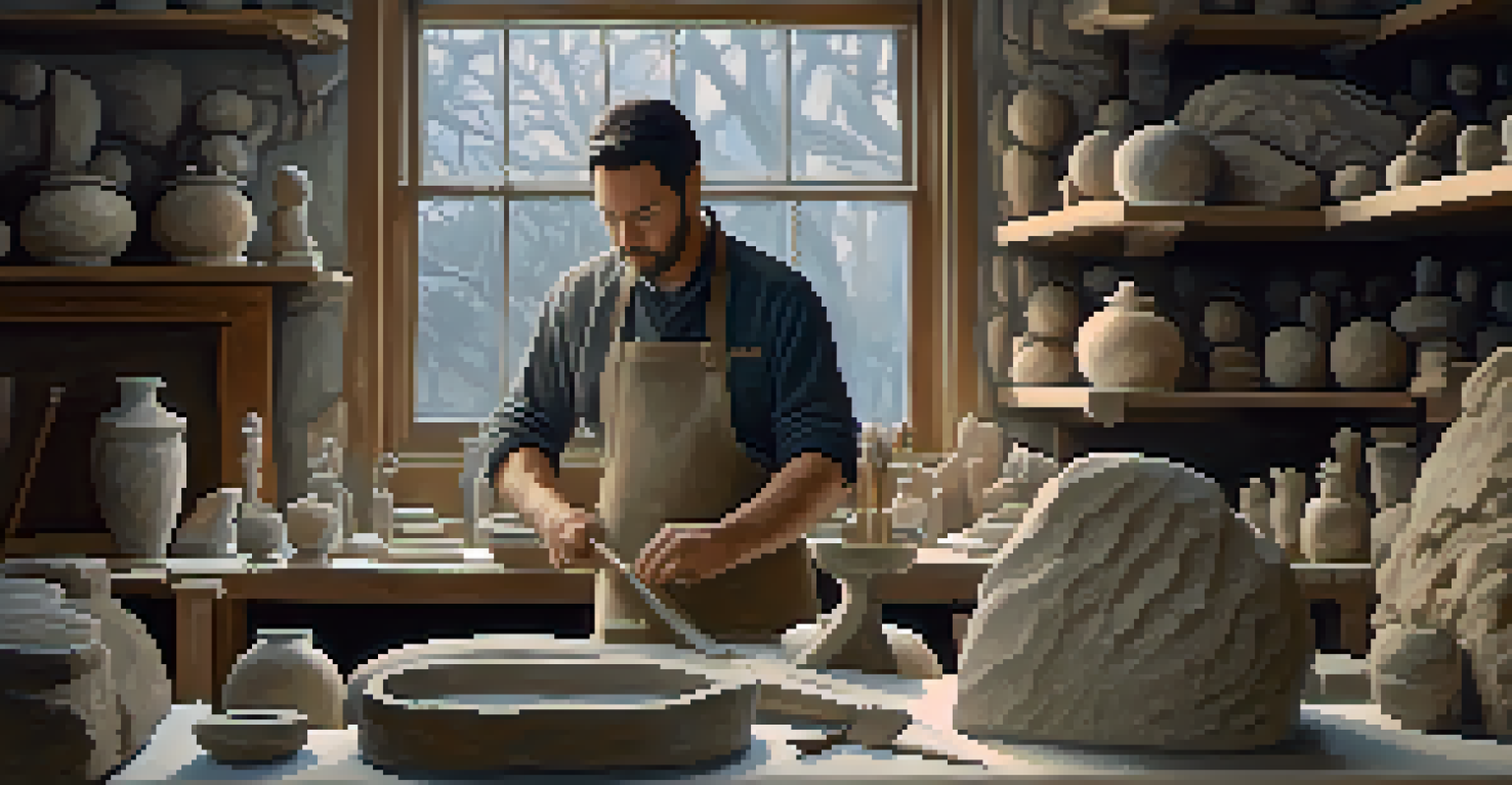 A stone carving studio with a sculptor working on a marble piece, surrounded by sculptures and tools.