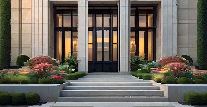 A modern building with a carved stone facade featuring geometric patterns, illuminated by dusk lighting, with a vibrant flower garden in the foreground.