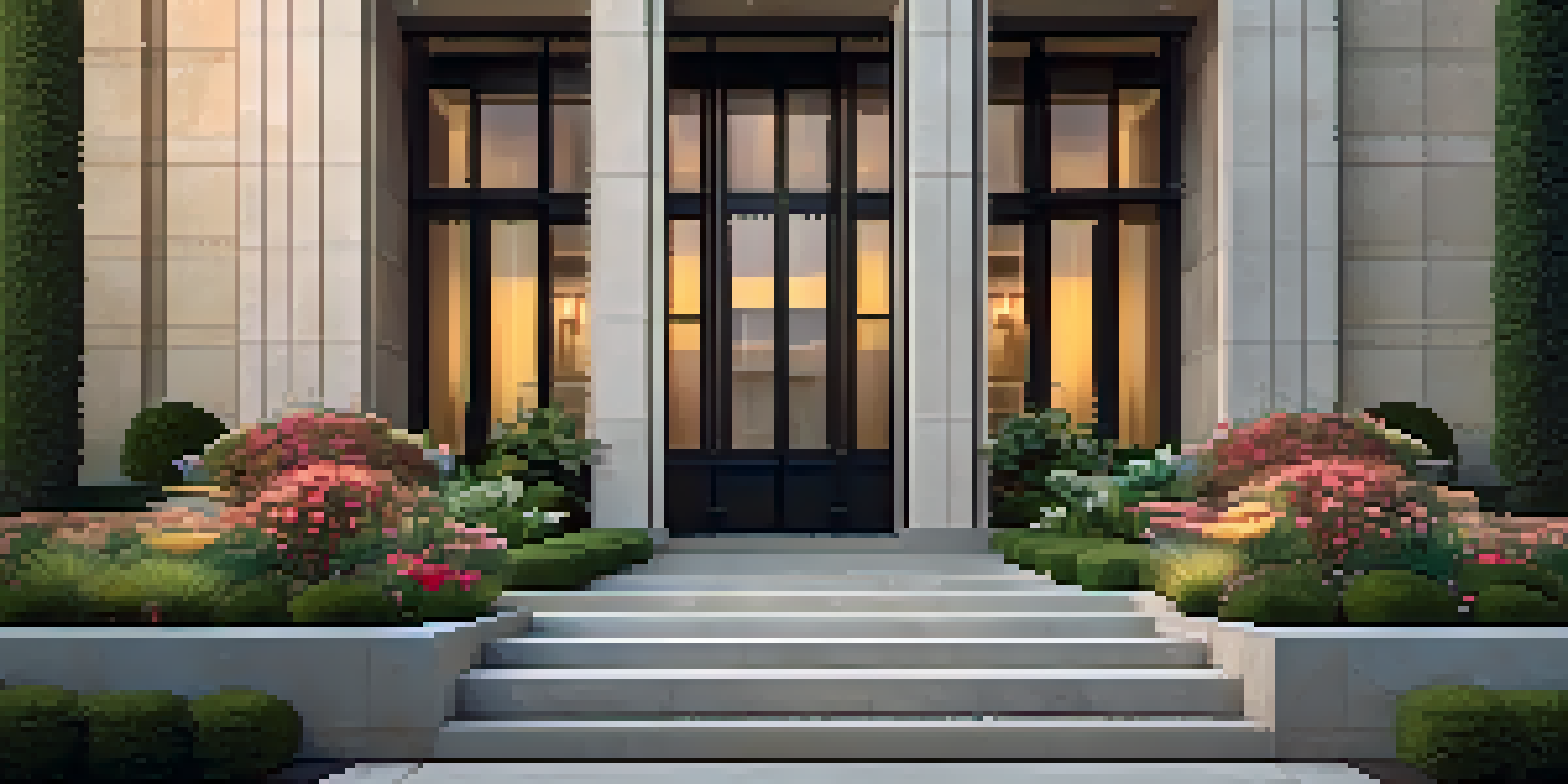 A modern building with a carved stone facade featuring geometric patterns, illuminated by dusk lighting, with a vibrant flower garden in the foreground.