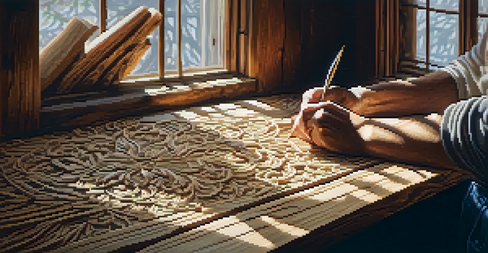 A close-up of hands carving wood with intricate patterns, surrounded by wood shavings in a warmly lit workshop.