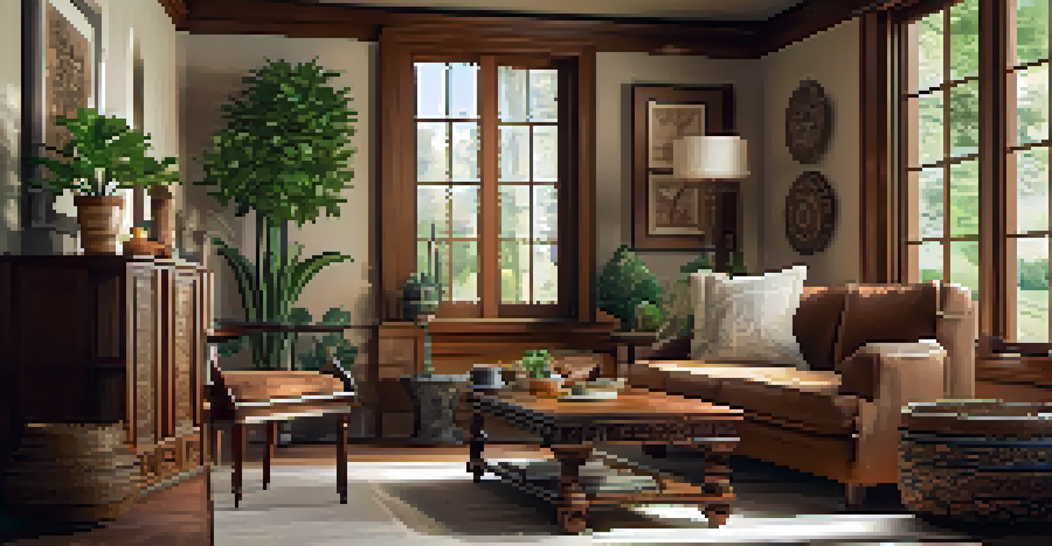 A cozy home corner with beautifully carved wooden furniture and warm ambient lighting.
