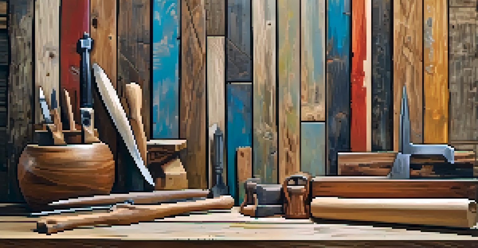 An artistic display of reclaimed wood pieces in various colors and textures, with carving tools arranged around them.
