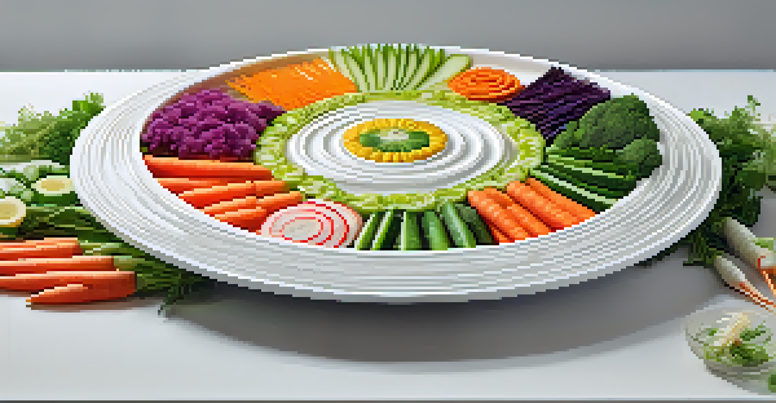 A gourmet dish with intricately carved vegetables arranged artfully on a white plate, showcasing vibrant colors and textures.