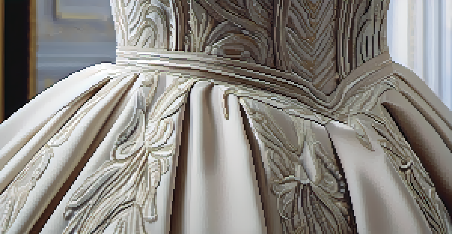A close-up view of a haute couture gown featuring intricate carving techniques and detailed stitching.