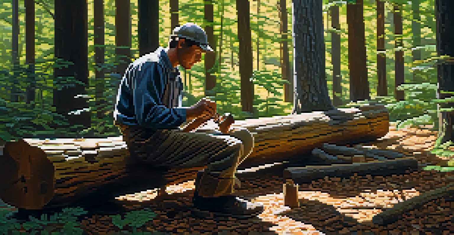 A woodworker sitting on a log in a forest, carving a wooden sculpture, with sunlight filtering through the trees and leaves framing the scene.