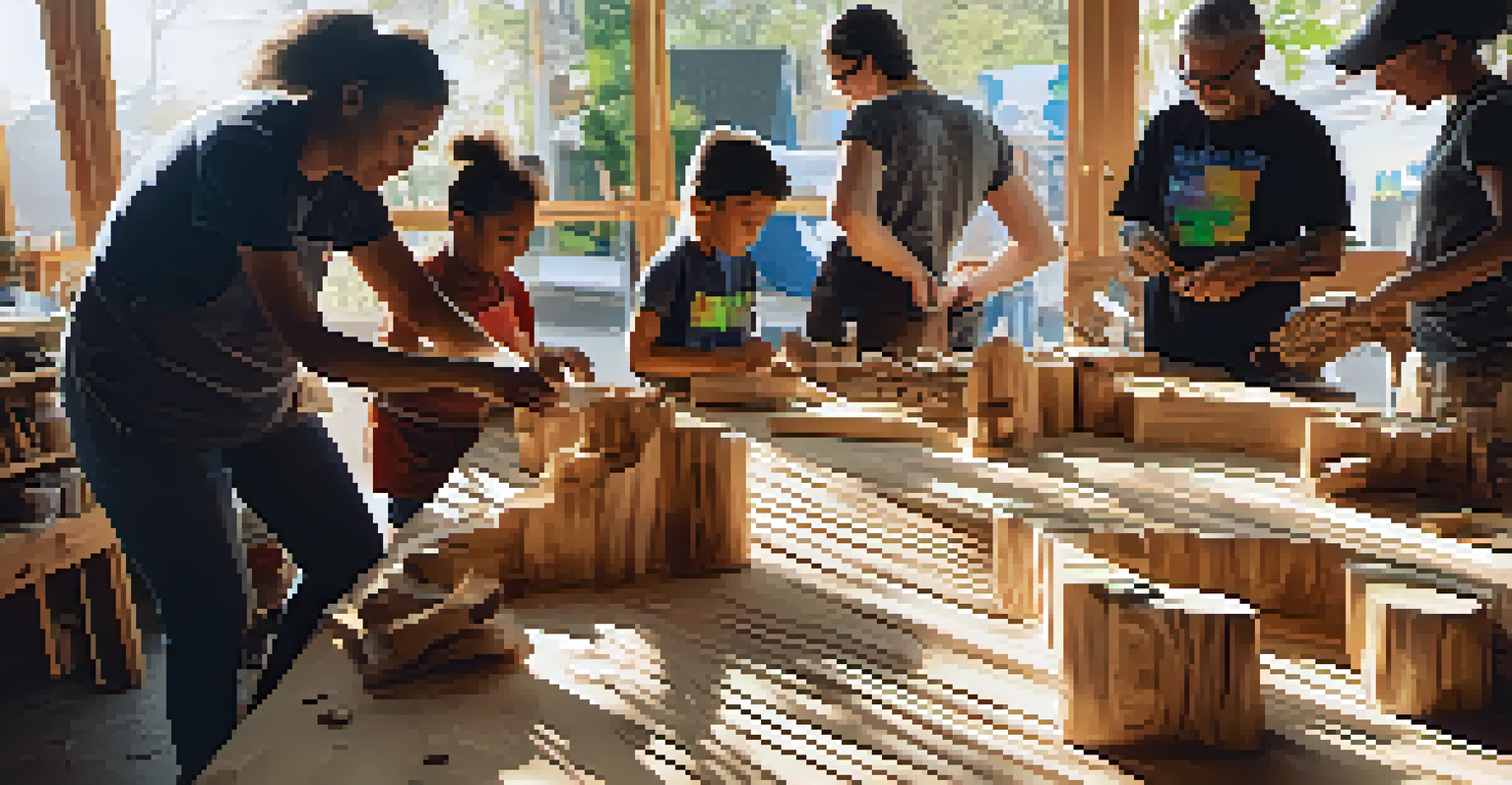 A community wood carving workshop with people of different ages collaborating on a large sculpture, surrounded by a lively atmosphere and sunlight.