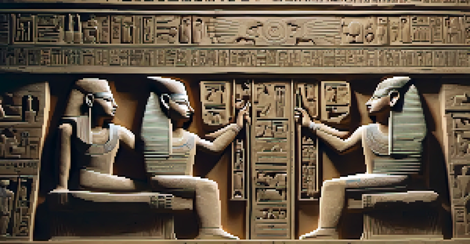 A close-up of an ancient Egyptian stone carving with intricate hieroglyphs and pharaoh depictions, showcasing textures and shadows.