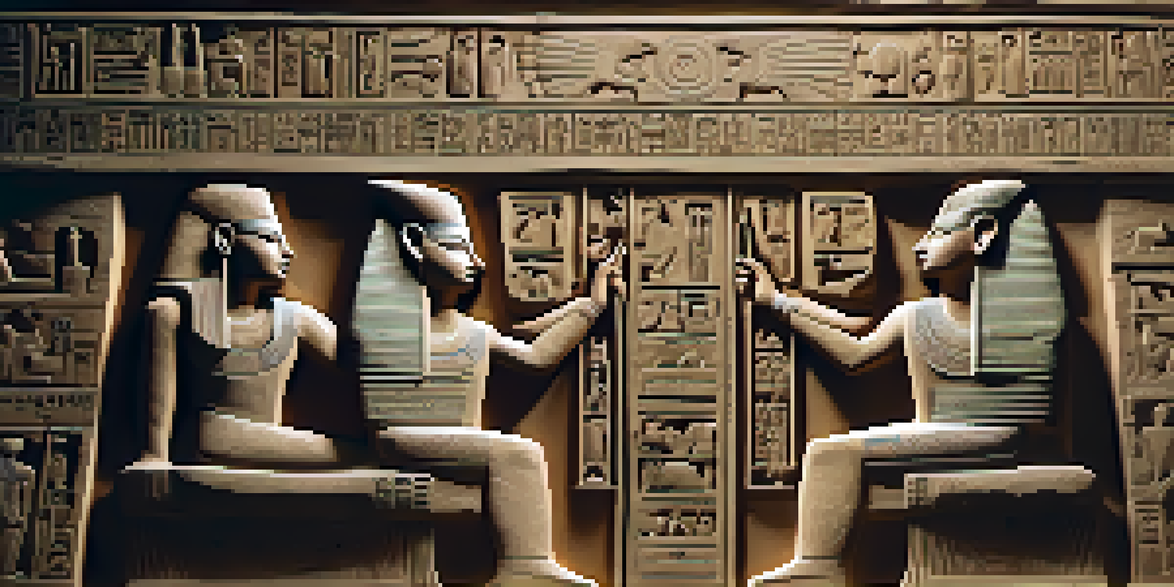 A close-up of an ancient Egyptian stone carving with intricate hieroglyphs and pharaoh depictions, showcasing textures and shadows.