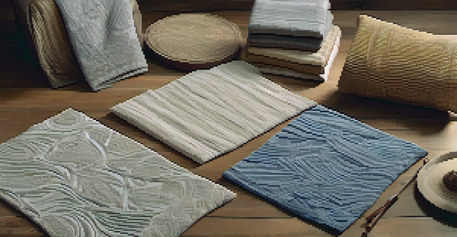 A variety of eco-friendly carved textile samples on a wooden table, illuminated by natural light.