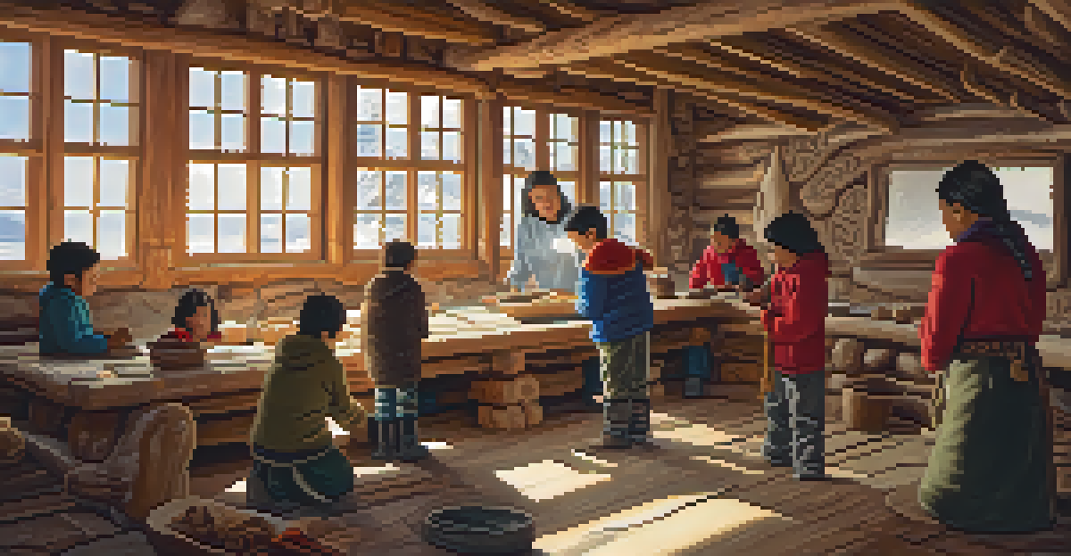 An Inuit artisan instructing children in a workshop surrounded by carving tools and materials, with sunlight streaming through the window.