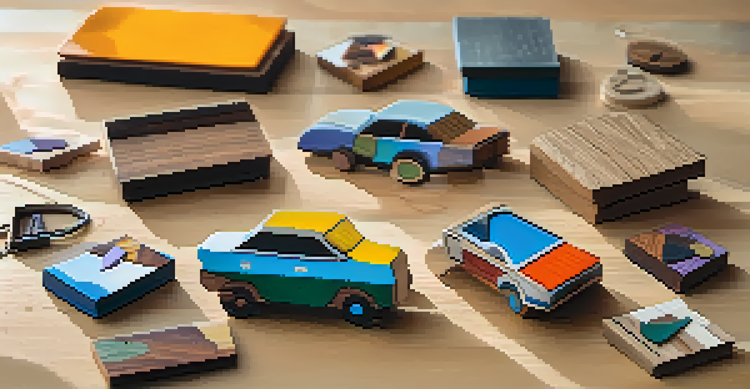Colorful repurposed wood scraps arranged into decorative items like keychains and coasters, illuminated by soft natural light.