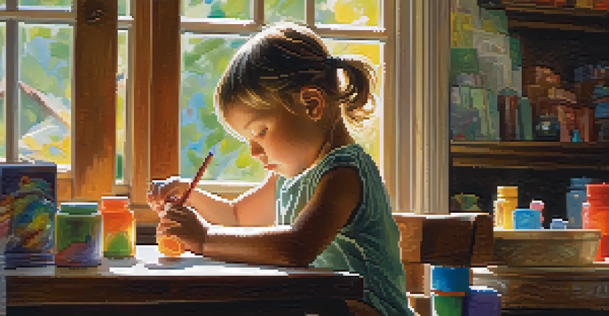 A child focused on carving a soap block into an animal shape, with colorful art supplies around them.