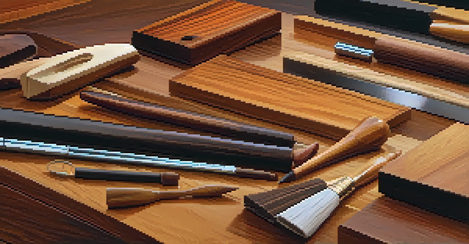A collection of exotic woods arranged in a sunlit room, displaying their unique grain patterns and colors alongside a carving tool set.