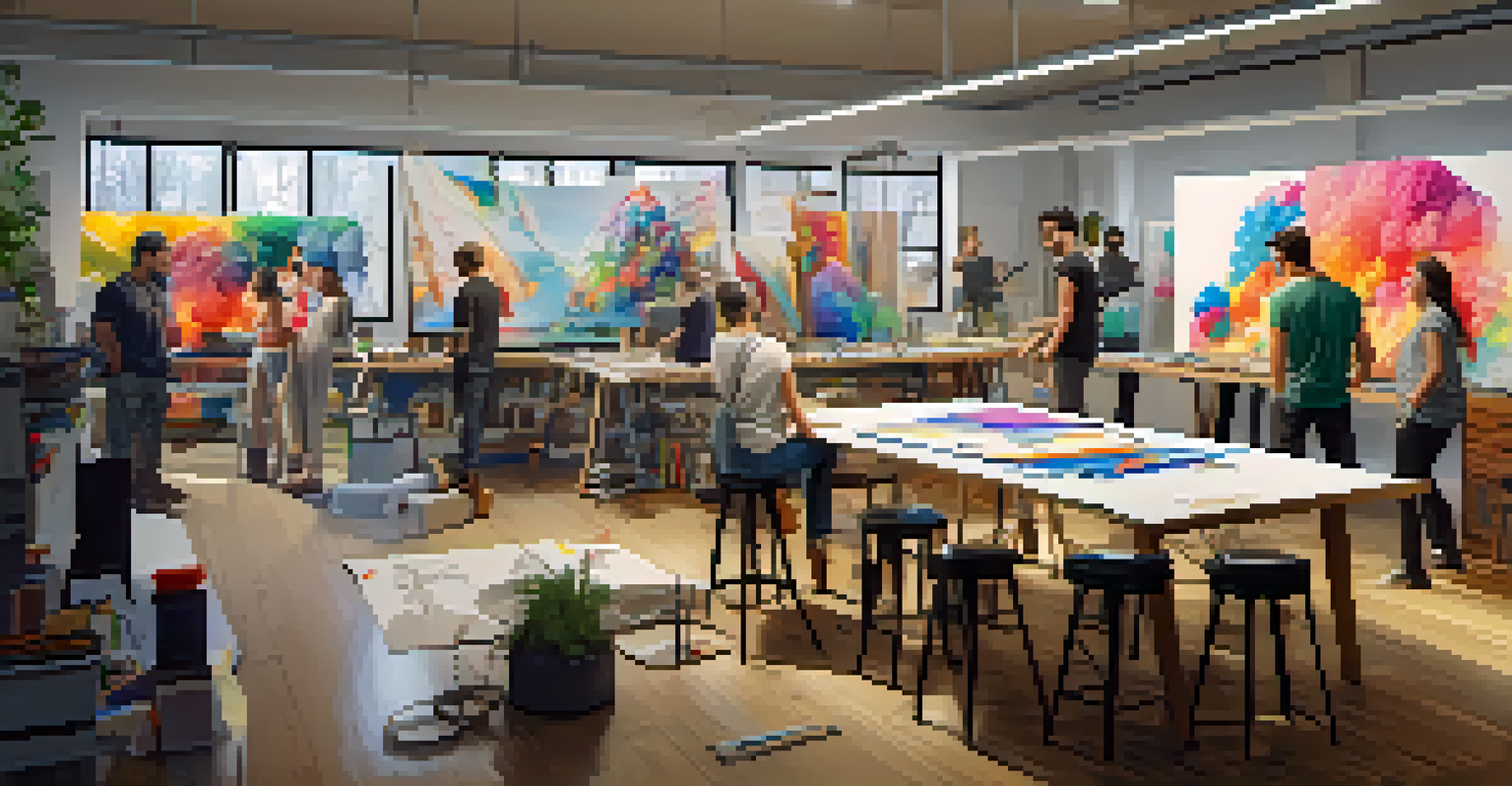 A lively art studio with multiple artists collaborating on 3D printing projects, surrounded by colorful materials and sketches.