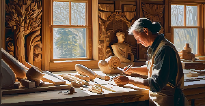 An artisan in a wood carving workshop, focused on chiseling a wooden sculpture with tools and wood shavings around.