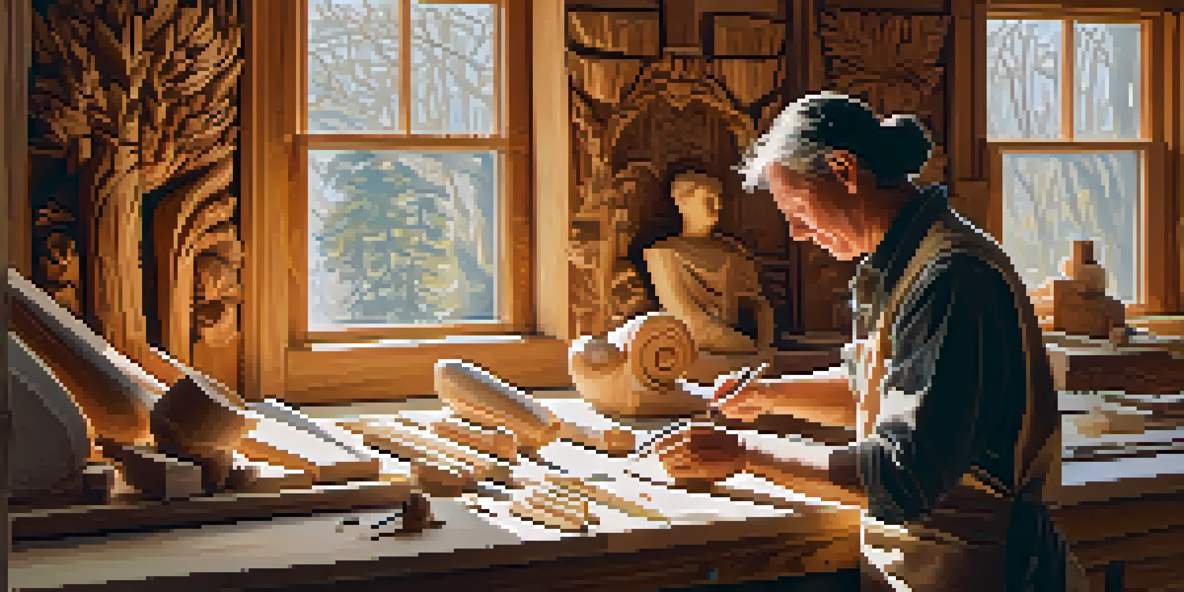 An artisan in a wood carving workshop, focused on chiseling a wooden sculpture with tools and wood shavings around.