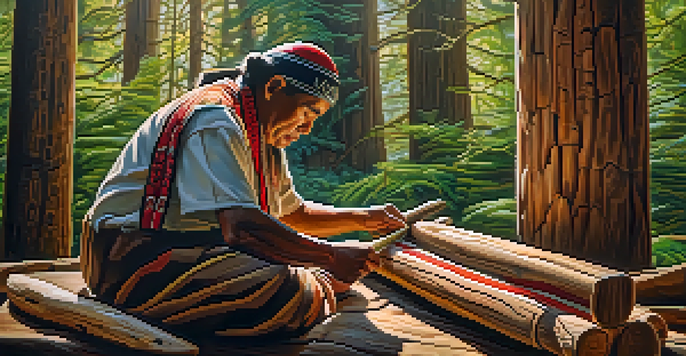 An Indigenous carver working on a cedar totem pole in a coastal forest, surrounded by natural light and traditional tools.