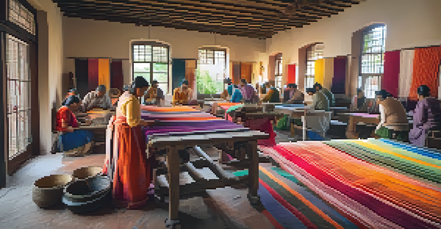 Artisans restoring a traditional textile in a colorful workshop filled with natural dyes and weaving tools.
