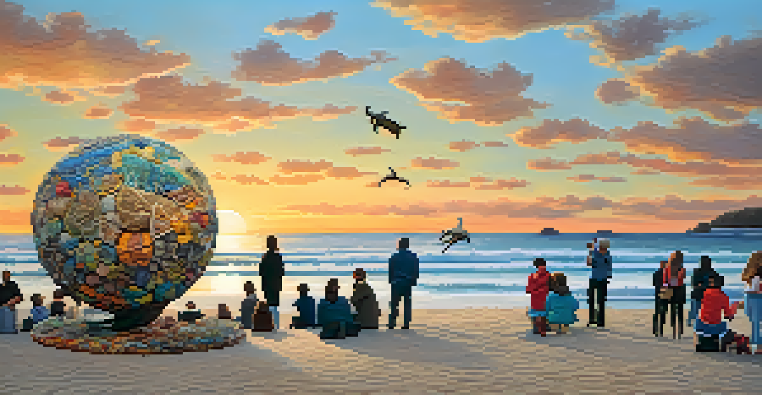 An outdoor art exhibition on a beach featuring colorful sculptures made from ocean debris, with people interacting and a beautiful sunset in the background.