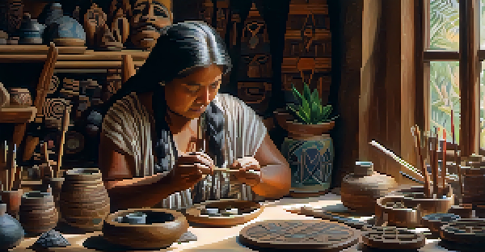 An Indigenous woman focused on carving a small wooden mask, with traditional tools around her in a softly lit room filled with natural elements.