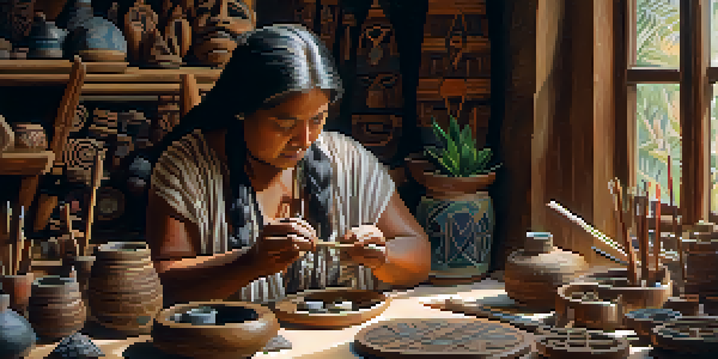 An Indigenous woman focused on carving a small wooden mask, with traditional tools around her in a softly lit room filled with natural elements.
