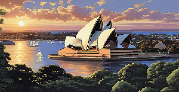 A beautiful sunset view of the Sydney Opera House with its unique shell-like structure, surrounded by gardens and water.