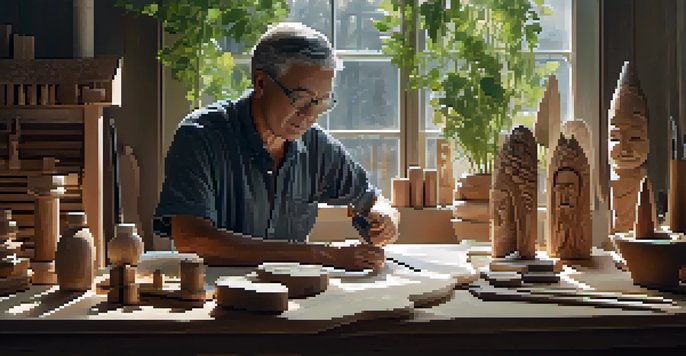 A peaceful carving workshop with tools and a partially carved sculpture on a wooden table, illuminated by soft light from a window.