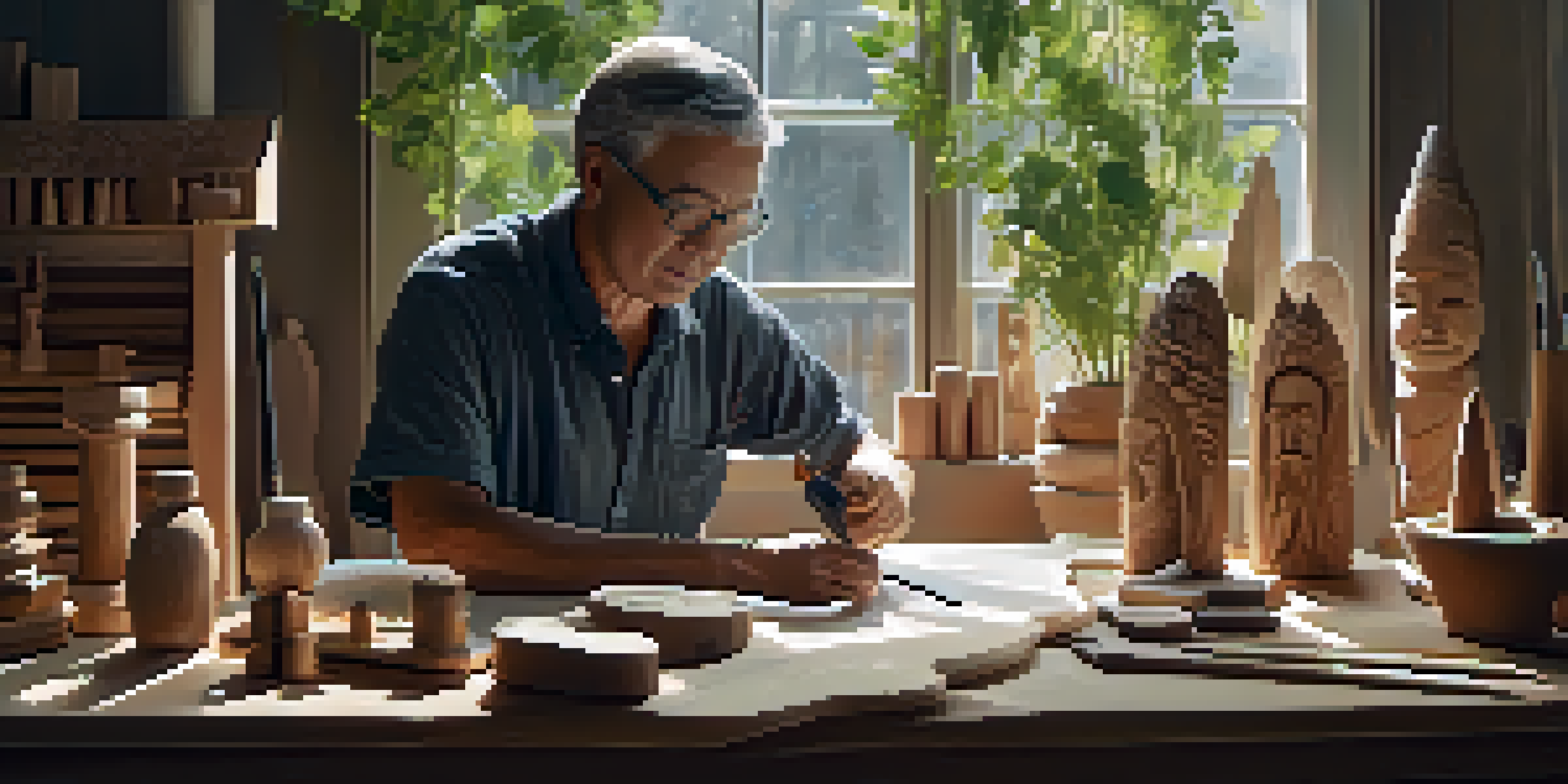 A peaceful carving workshop with tools and a partially carved sculpture on a wooden table, illuminated by soft light from a window.