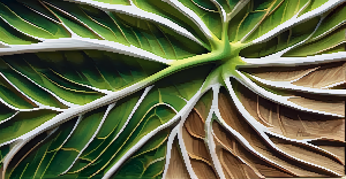A detailed wooden leaf sculpture with intricate veins, set against a blurred green background.