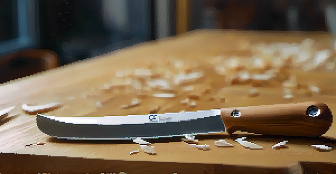 A whittling knife on a wooden workbench with wood shavings around it and an unfinished piece of wood in the background.