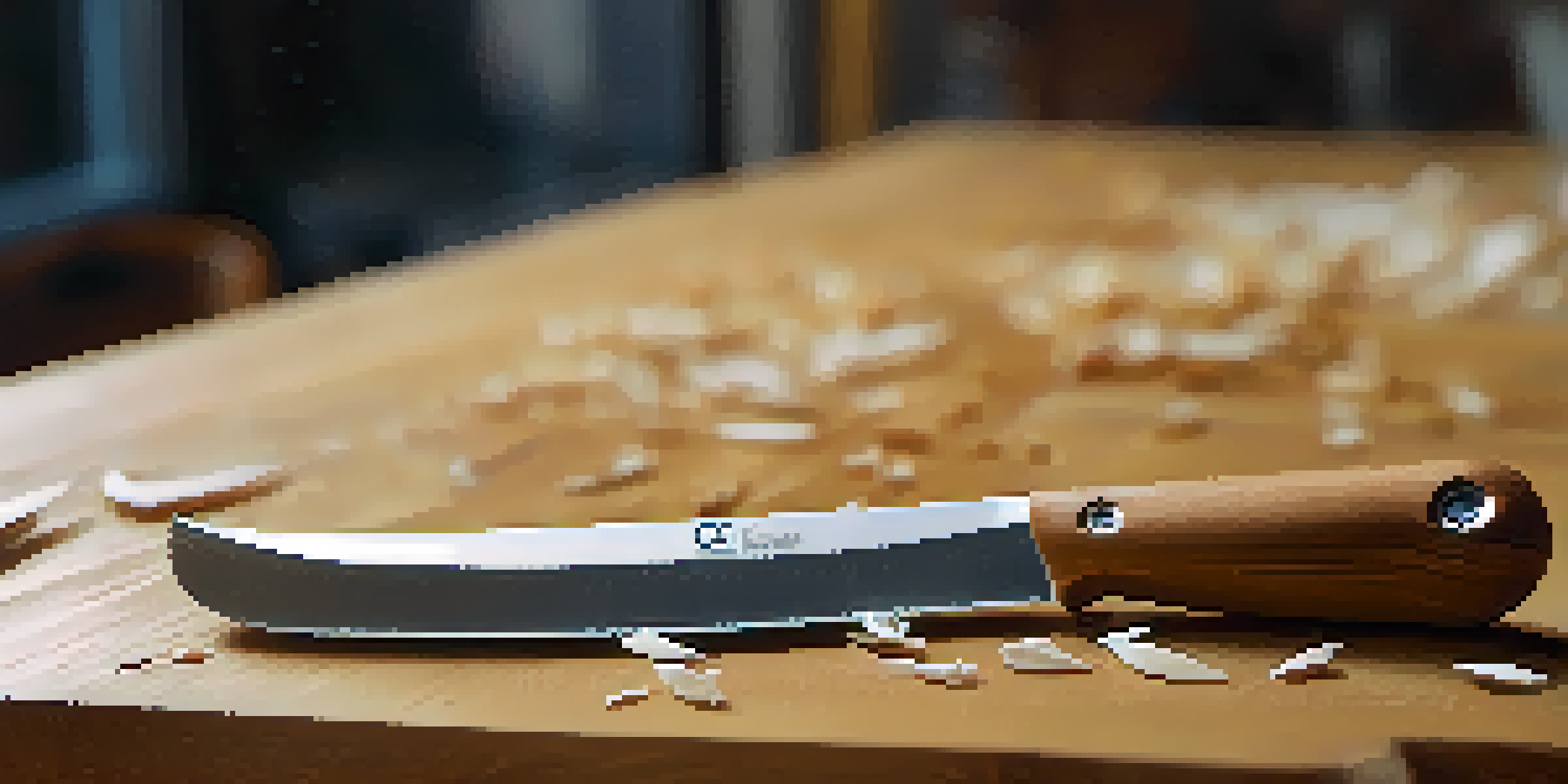 A whittling knife on a wooden workbench with wood shavings around it and an unfinished piece of wood in the background.