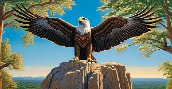 A Native American carving of an eagle on a rock in a lush landscape with trees and clear sky, illuminated by warm sunlight.