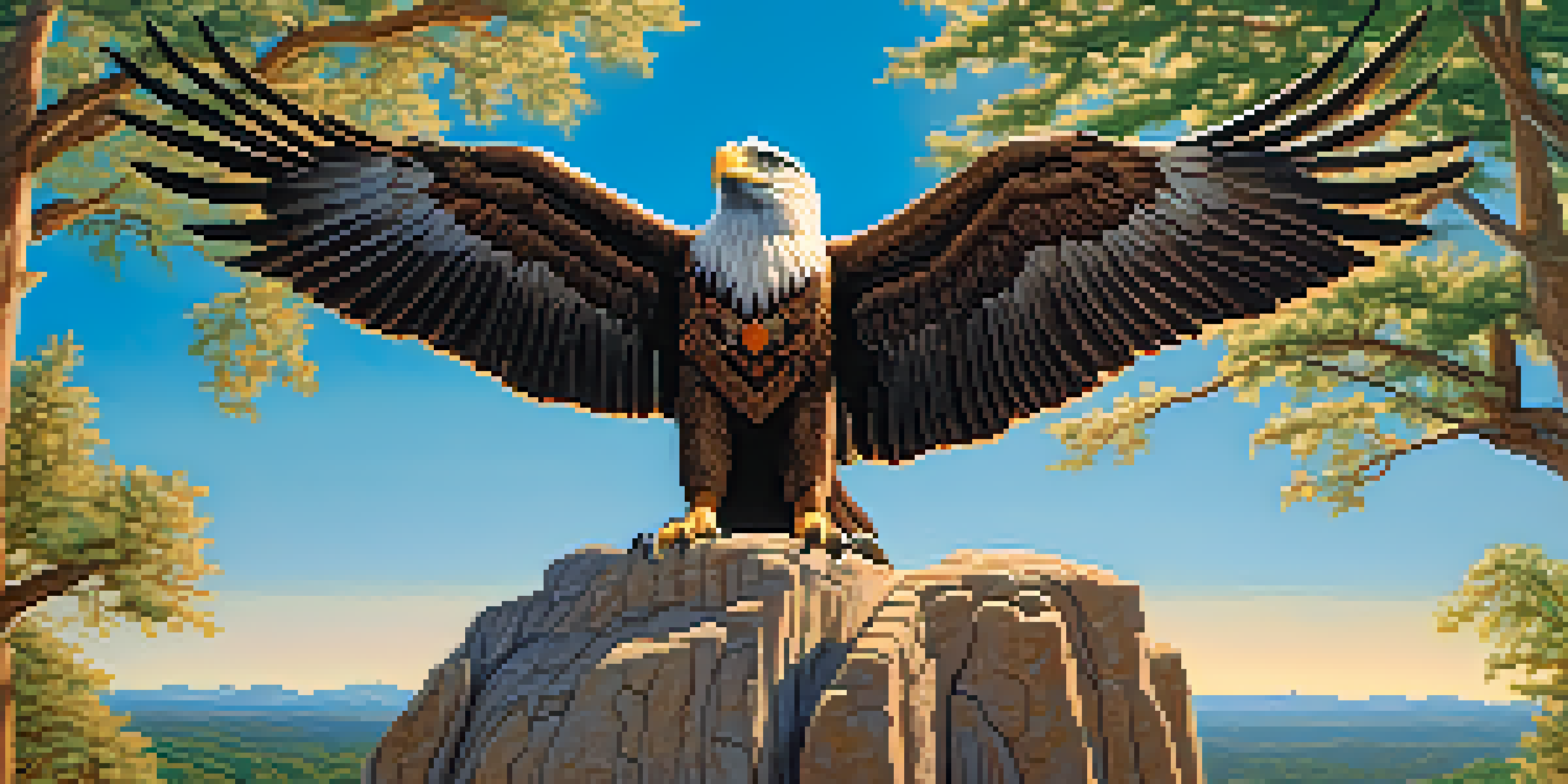 A Native American carving of an eagle on a rock in a lush landscape with trees and clear sky, illuminated by warm sunlight.