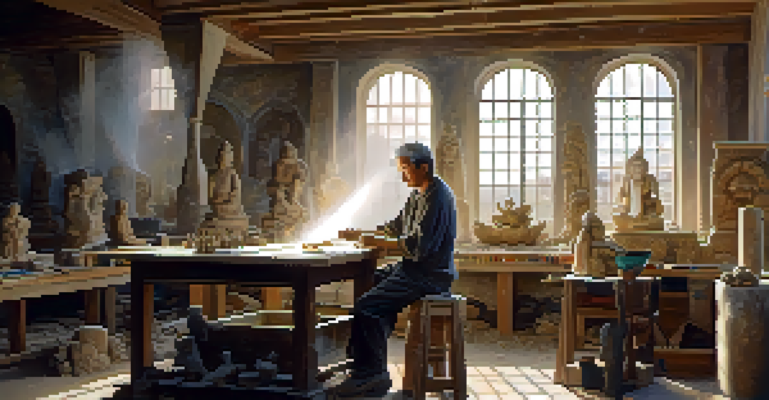 An artist carving a stone statue of a deity in a bright workshop, surrounded by carving tools and other sculptures.
