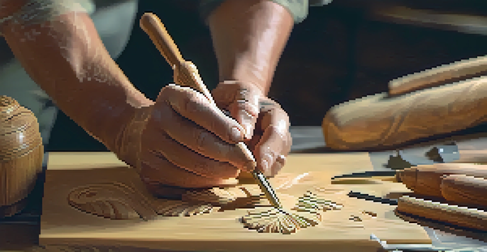 A close-up of a carver's hands working on a wooden sculpture, with tools and wood textures visible.