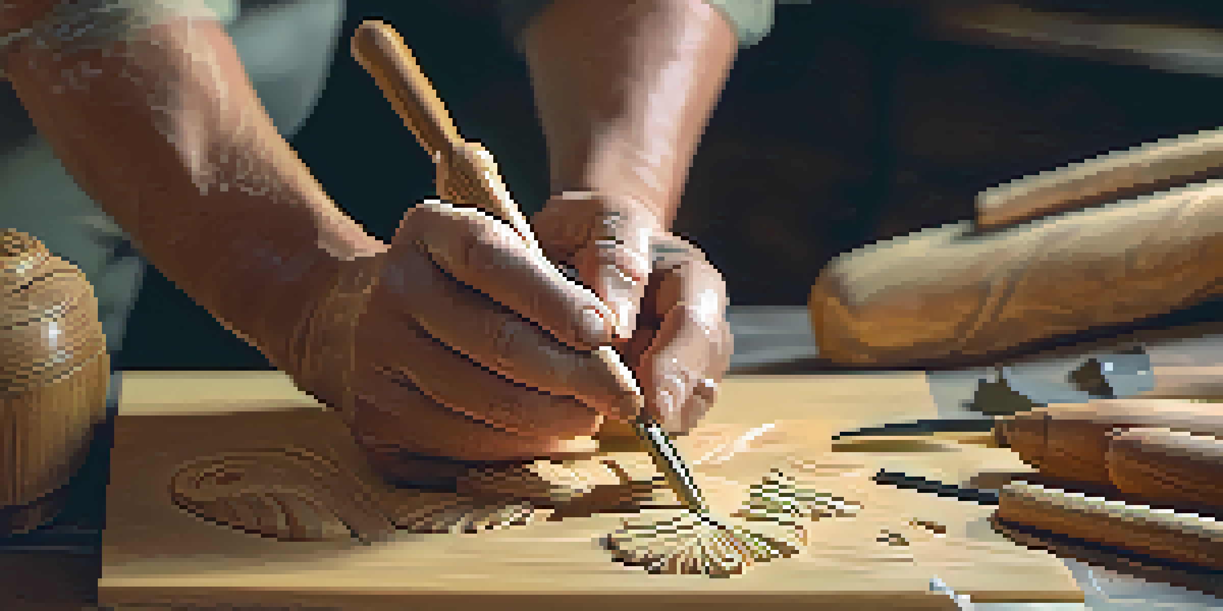 A close-up of a carver's hands working on a wooden sculpture, with tools and wood textures visible.
