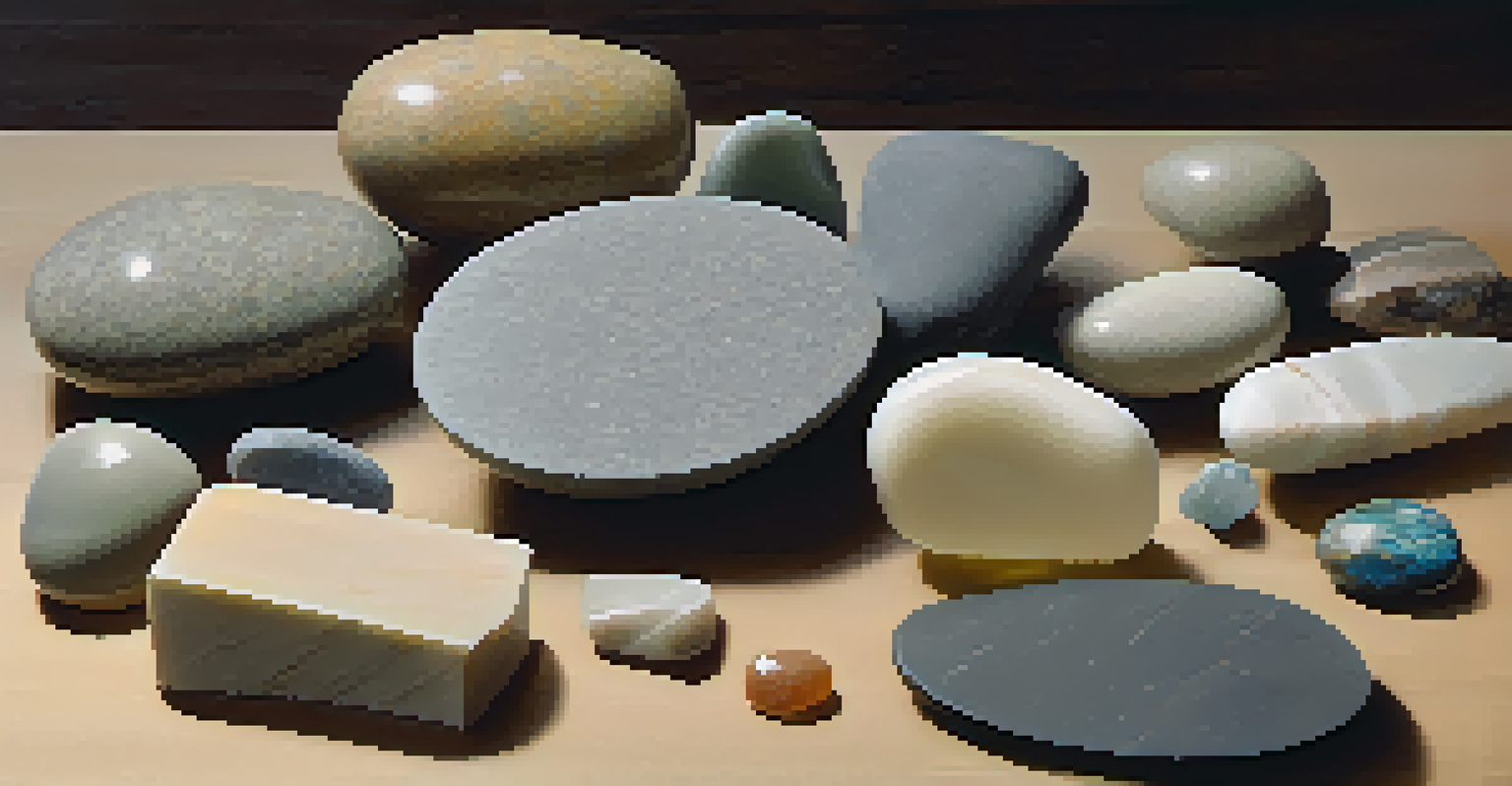 A collection of different stone samples showing various finishing techniques on a wooden table.
