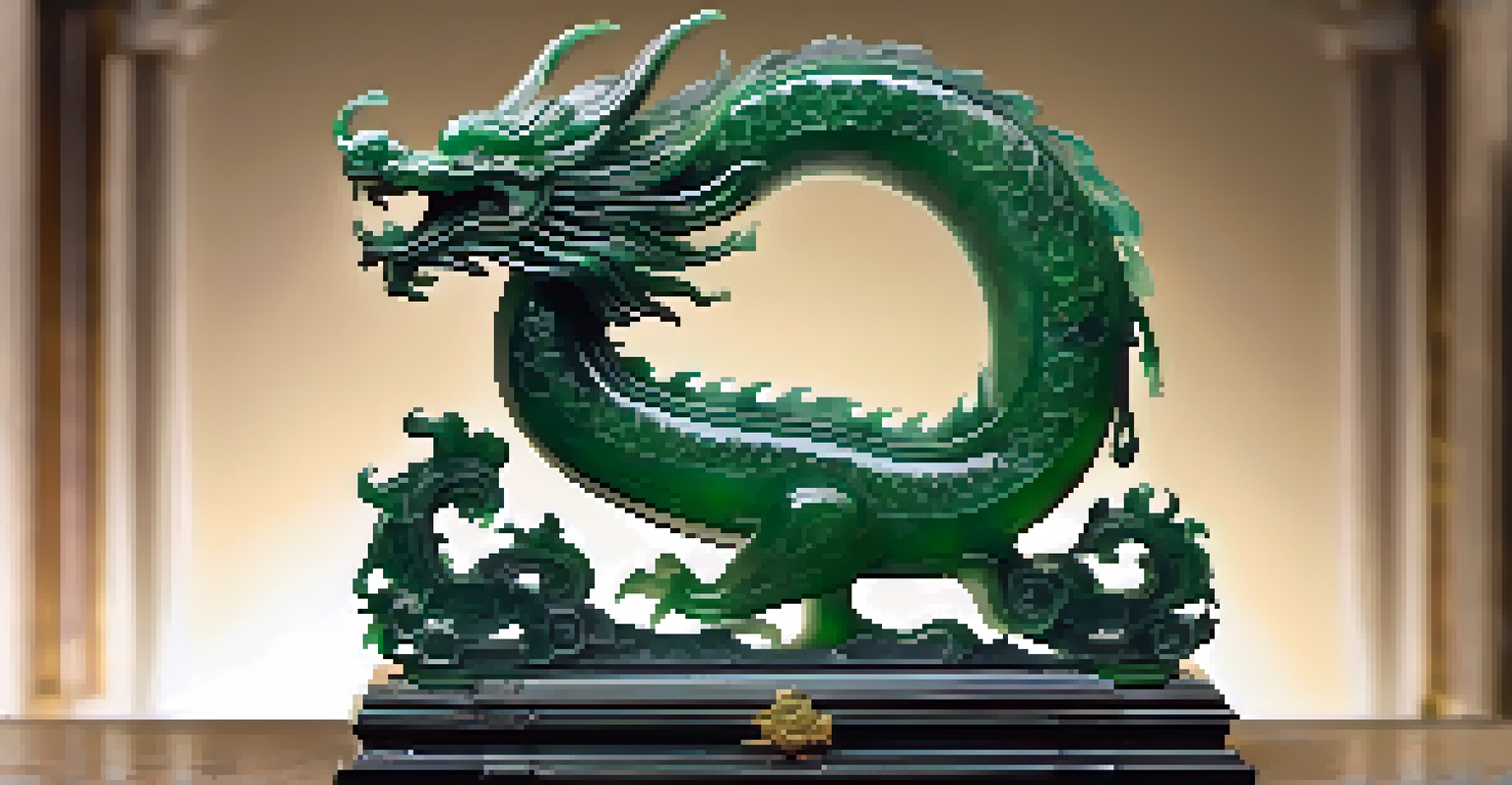 A finely detailed jade dragon carving on a dark velvet background, showcasing its polished green surface.