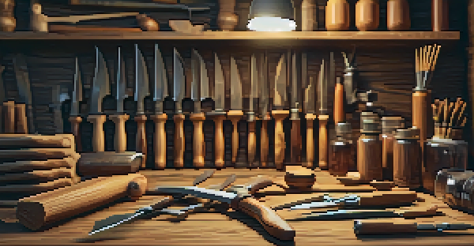 A close-up of a wooden carving workspace with various carving tools displayed on a wooden table.