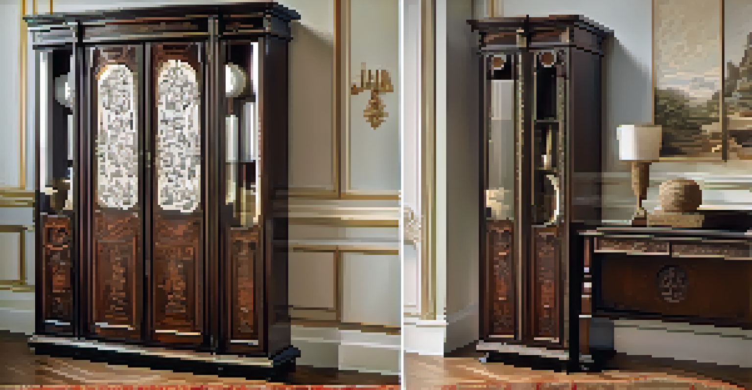 An antique cabinet with original carvings and a glossy finish, displayed in an elegant room filled with vintage decor.