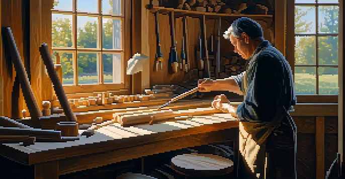 An artisan in a workshop carving basswood, with tools and wood shavings around, illuminated by warm sunlight.