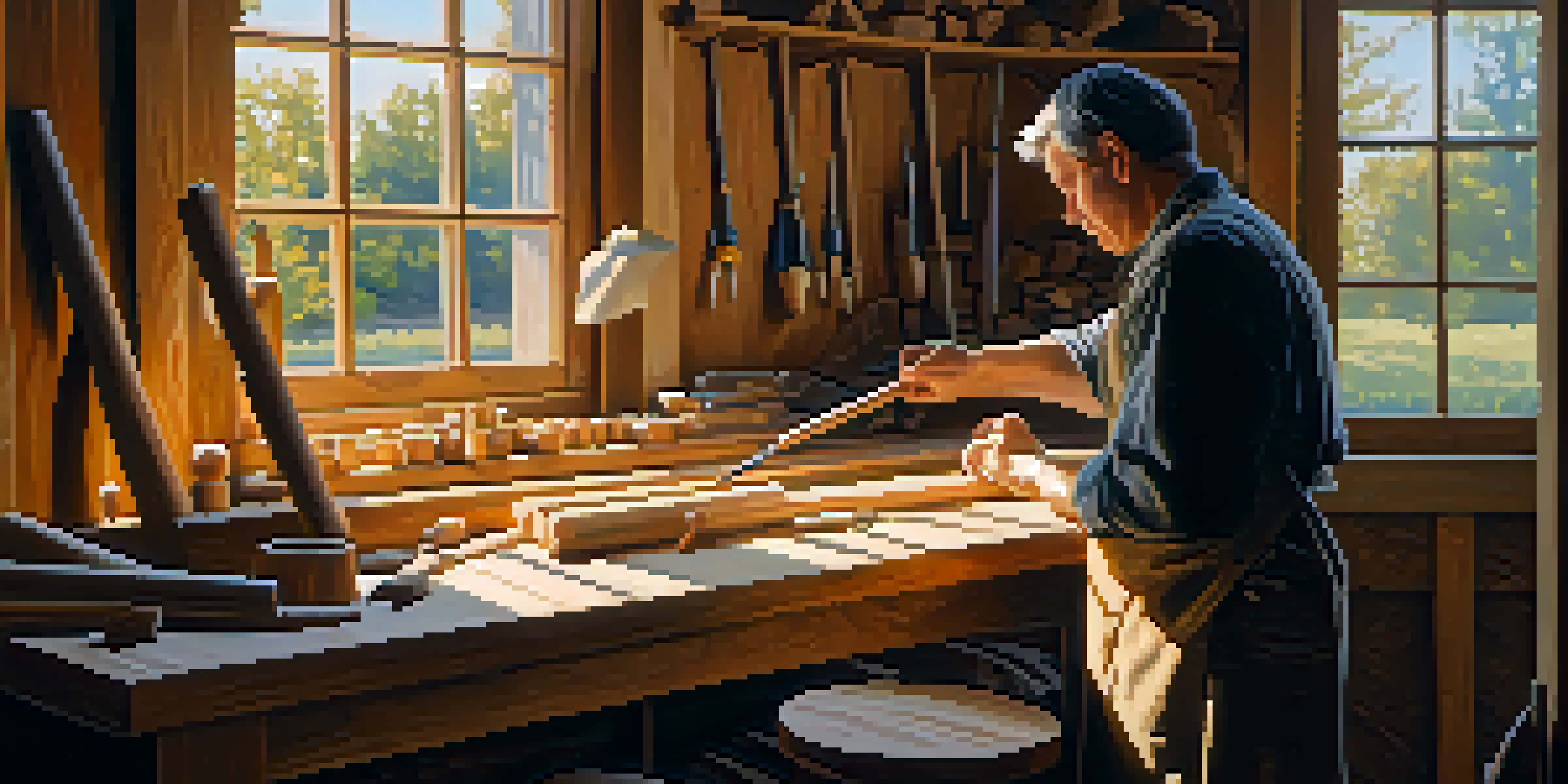 An artisan in a workshop carving basswood, with tools and wood shavings around, illuminated by warm sunlight.