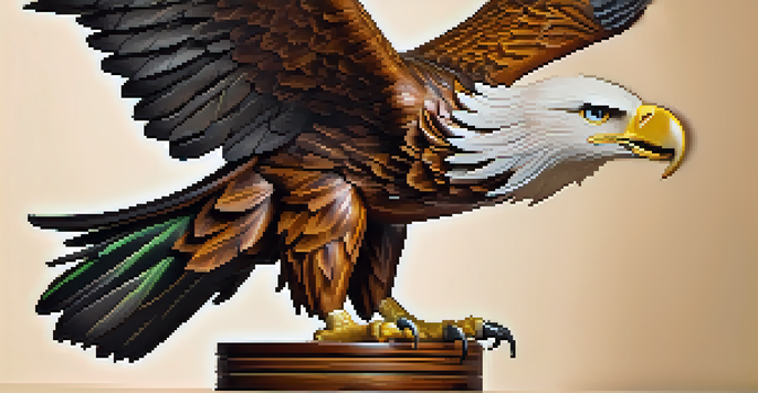 A detailed wooden carving of an eagle on a pedestal, illuminated by warm light, highlighting the wood grain.