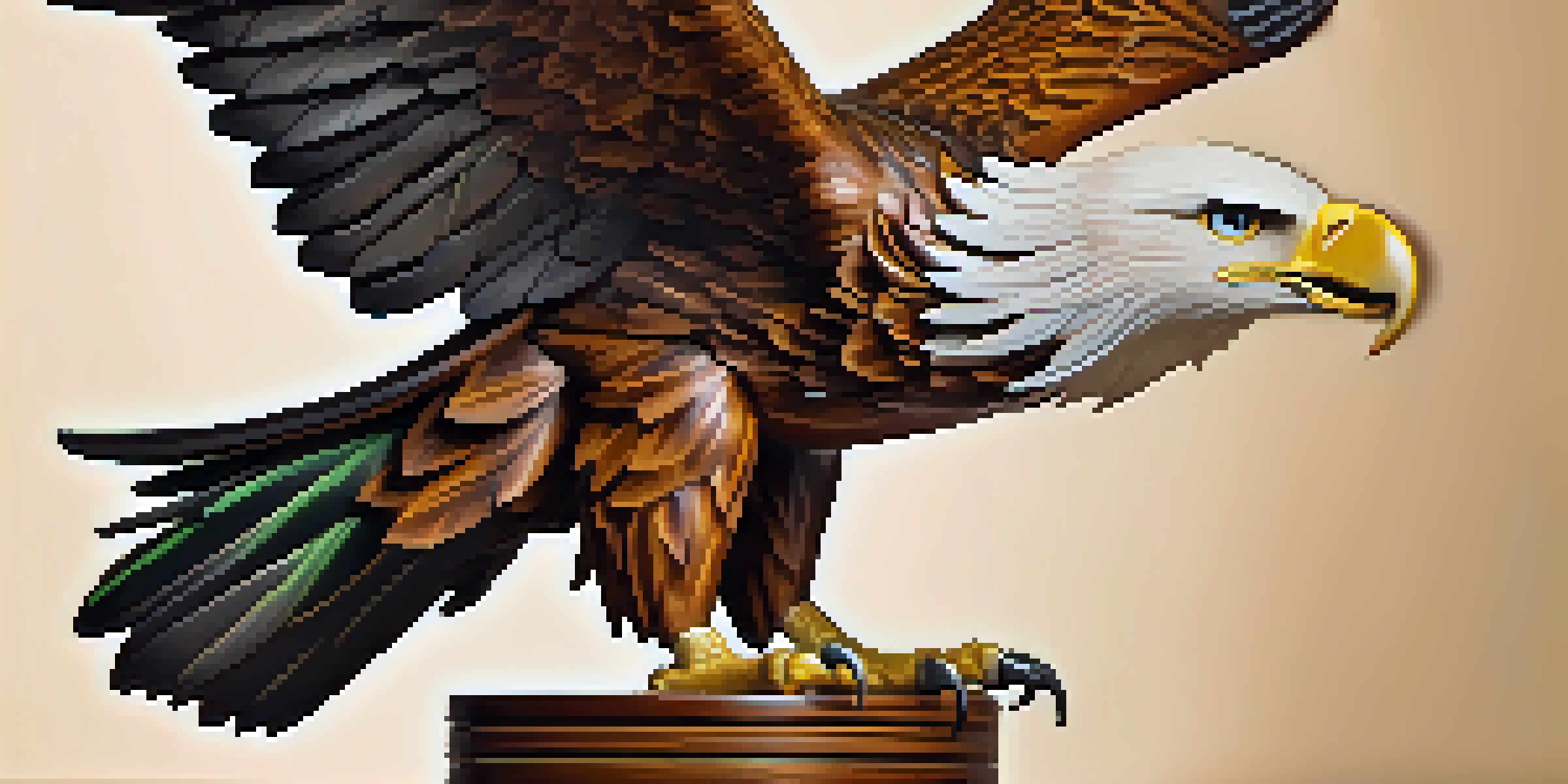 A detailed wooden carving of an eagle on a pedestal, illuminated by warm light, highlighting the wood grain.