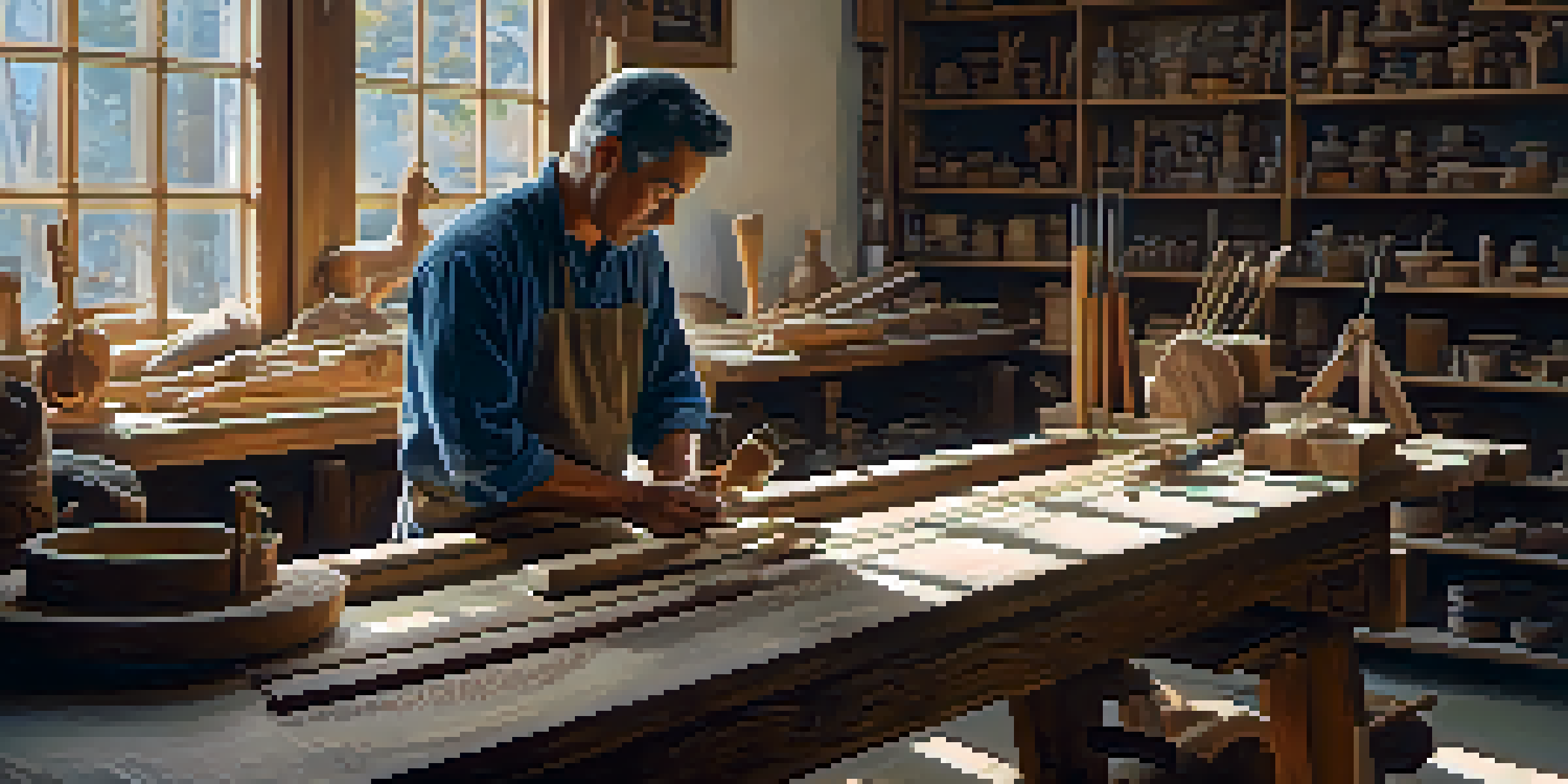 A male carver working intently on a wooden sculpture in a bright workshop filled with tools and carved artworks.