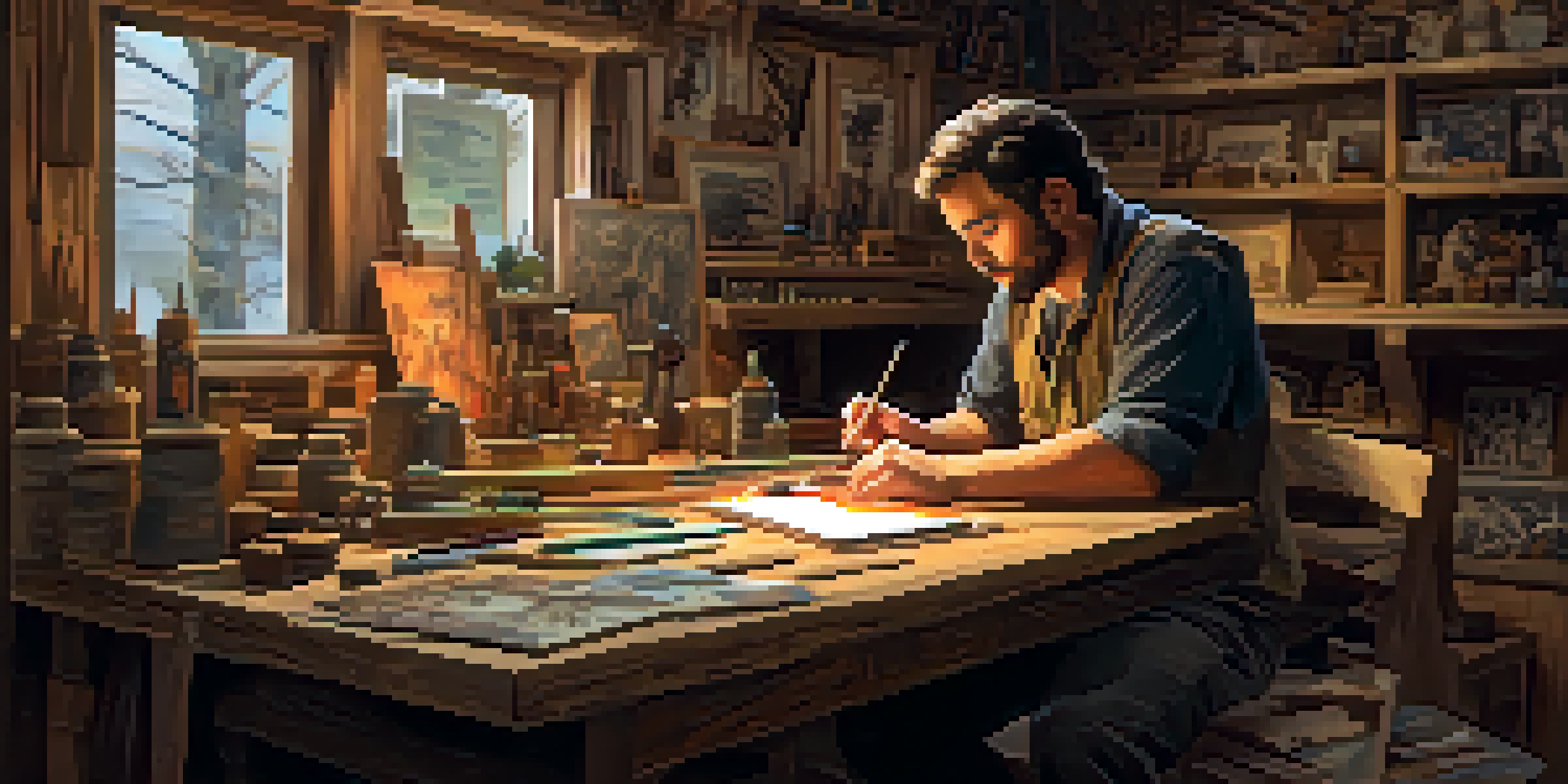 An artist working on a wooden sculpture in a warmly lit workshop, surrounded by sketches and tools.